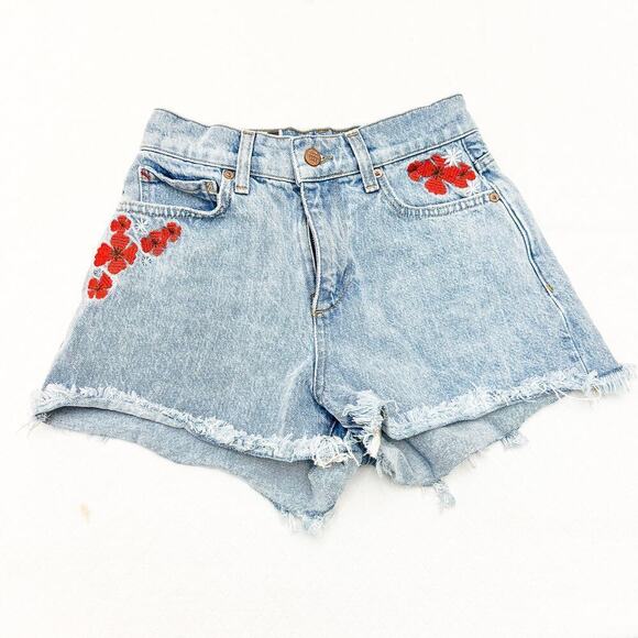 Marine Layer Pants - Marine Layer Sasha Flower Stitch Denim Shorts Light Jean Cutoff Raw Hem Size 26